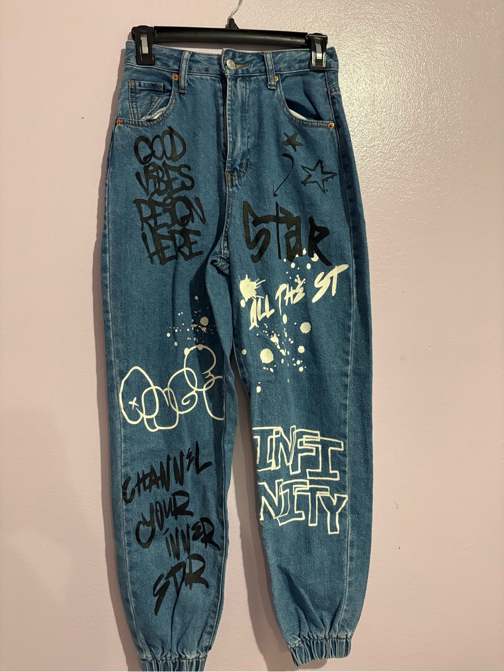 Graphic Blue Women's Jeans with Black & White Artwork